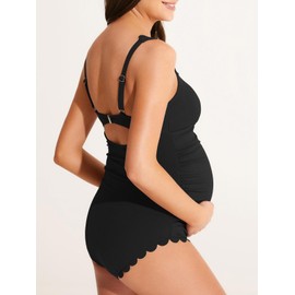 Summer Mae Ribbed Maternity One Piece Swimsuit Scalloped Cut Out Pregnancy Bathing Suit Square Neck Swimwear Black Medium