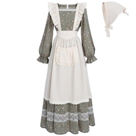 FCCAM Prairie Dress Women Floral Colonial Costume Women with Pioneer Apron 1800s American Historical Dress L