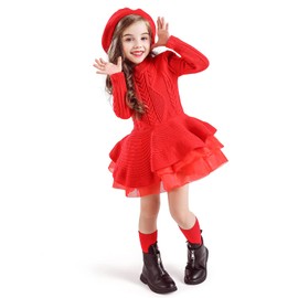 TTYAOVO Girls Long Sleeves Knitting Sweater Casual Princess Dress Size 120(4-5 Years) 1932 Red-A