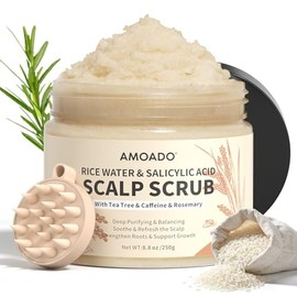 AMOADO Exfoliante de cuero cabelludo con agua de arroz con ácido salicílico (BHA), árbol de té y romero - Champú exfoliante suave para el cuero cabell