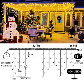 Einiiya Icicle Lights for Outside 33ft 400 LED Icicle Christmas Lights Outdoor 8 Modes with 75 Drops, Plug in Christmas Light for House Party Holiday Fence Xmas Outside Indoor Decorations, Warm White