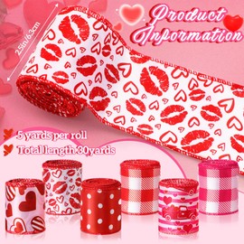Yunlly 6 Rolls Valentine's Day Wired Edge Ribbon 2.5 Inch Love Heart Buffalo Plaid Lips Stripes Sweet Dots Ribbon with Wire for Valentine's Day Anniversary DIY Wreath Crafts (Elegant)