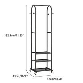 Hall Tree with Wheels and Hanging Hooks,Heavy-Duty Metal Coat Rack with Shoe Shelves,3-in-1 Narrow Entryway Storage for Small Space,Suitable for Hallway,Bedroom and Bathroom,Black