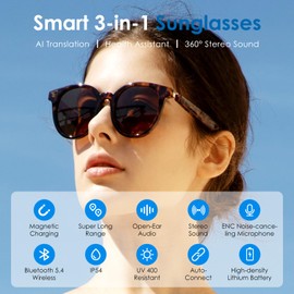 GetD Smart Sunglasses, Round Polarized Lens Bluetooth Glasses for Women and Men with Speaker, Music Glasses AI Translator, 11H Battery Life, Voice Control, Smart Eyewear for Travel Driving Meeting