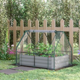 Outsunny 4' x 3' Galvanized Raised Garden Bed with Mini Greenhouse Cover, Outdoor Metal Planter Box with Roll-Up Door for Growing Flowers, Fruits, Vegetables and Herbs, Clear
