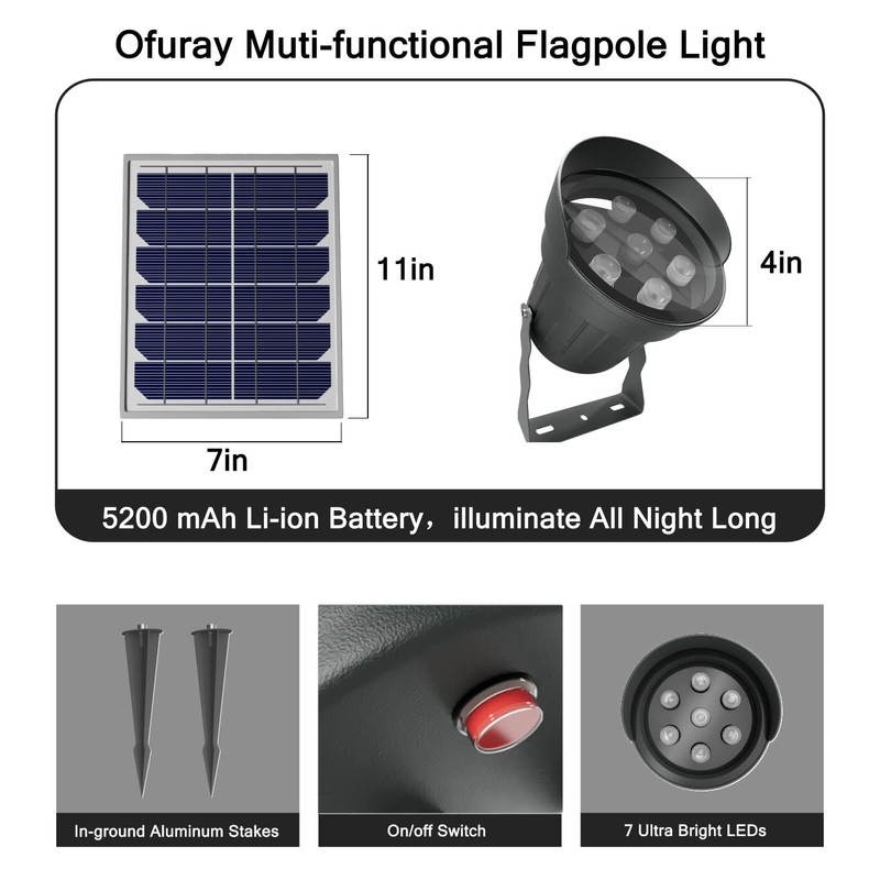 Ofuray Solar Flag Pole Light 3In1 Design, Brightest Flag Pole