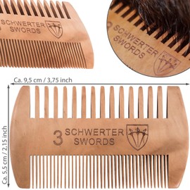 3 Swords Germany Peach Wood Beard & Mustache Comb – Double Sided Fine & Coarse Teeth – Handmade in Solingen
