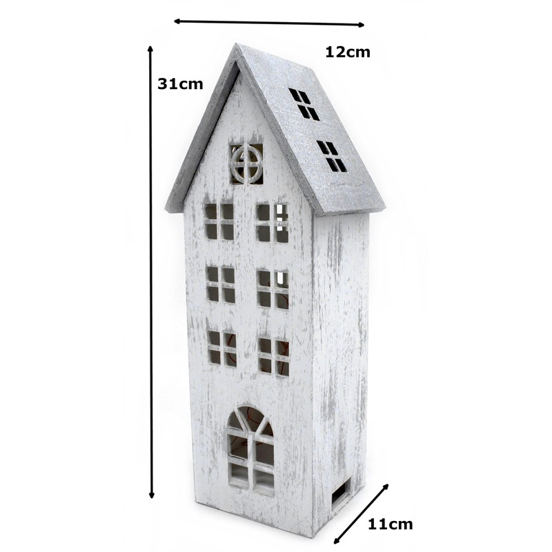 DARO DEKO Wooden LED House White Silver