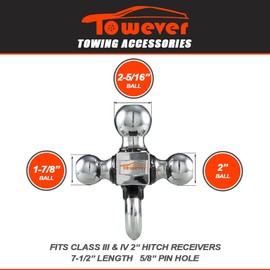 TOWEVER 84180 Towever Trailer Hitch Tri Ball Mount with Hook, 3 Ball Hitch Fit for Towing Hitch 2 inch Receiver (Hollow Shank Tow Hitch, Black&Chrome) Towever