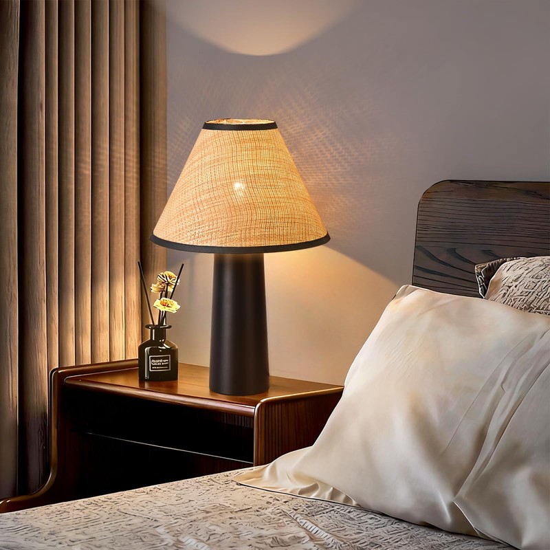 Matte Black Rattan Table Lamp for Bedroom, Modern Wicker Lamps