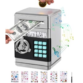 Birshe Electronic Money Box Children's Safe Money Box Number Bank Money Boxes for Children Safe Digital ATM Piggy Bank Money Box Large with Cute Stickers Christmas Birthday Gifts Silver