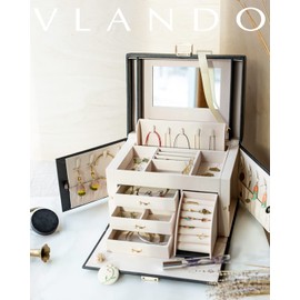 Vlando Jewelry Box Organizer for Girls Women, Large Baroque Jewelry Holder Organizer with Mirror, 3 Drawers for Bracelets, Earrings, Rings, Necklaces, Mothers Day Gifts for Loved One, Black