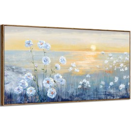 Blue Ocean Sunset Framed Wall Art Abstract Coastal Wild Flowers Beach Picture Sunrise With Yellow Orange Sky Natural Seascape Canvas Print White Wildflowers Sea Landscape Seaside Artwork 30x60inch