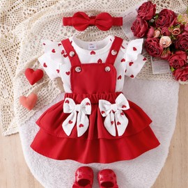 FOCUTEBB 9 Months Baby Girl Clothes Baby Girl Outfit Summer Outfits Love Heart Print Short Sleeved Ruffled Cute Romper Dress Suspender Skirt With Bow Headband Infant Outfits Set Red 9-12 Months