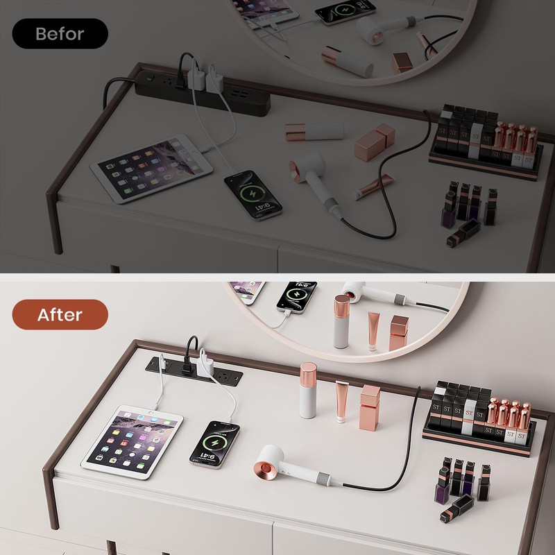 Recessed Furniture Drawer Outlet with 3 Fast-Charging USB Ports &