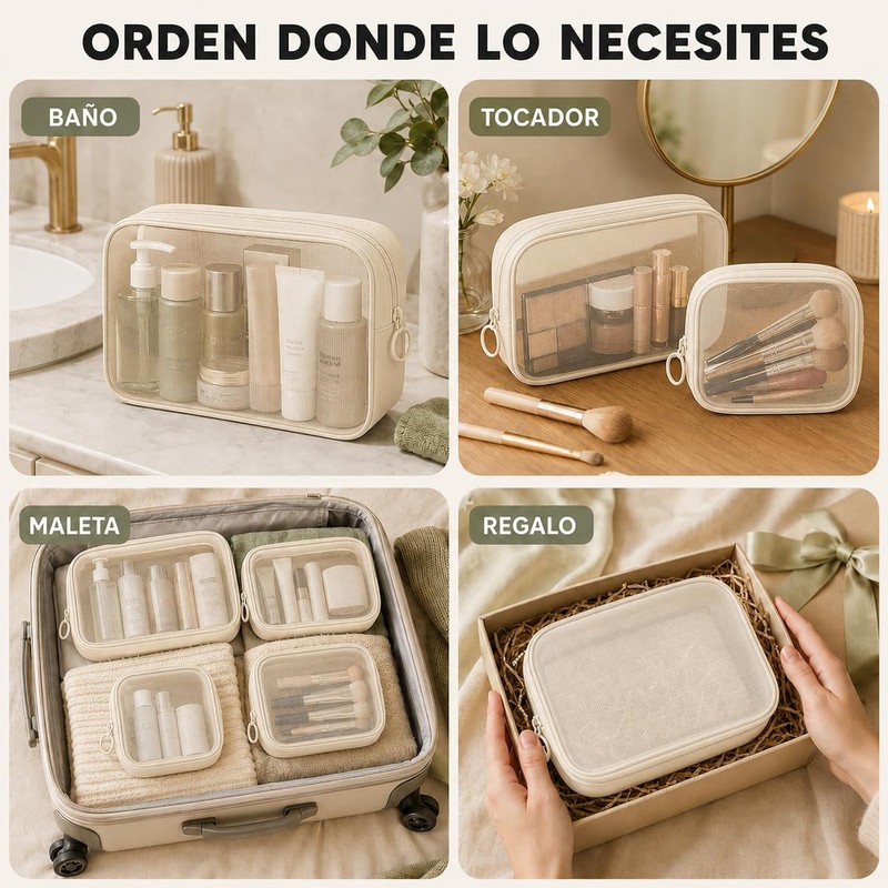 Set de 4 Bolsas de Maquillaje de Malla para Viaje,
