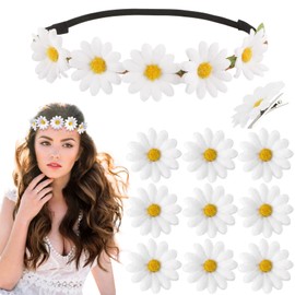 BETESSIN Flower Headband Sunflowers Headband with 10 Hair Clips Goose Flowers Hair Accessories White Headband Flower Wreath Women Girls Beach Wedding Travel Carnival Party Headpiece