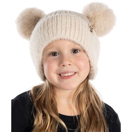 Funky Junque Kids Double Pom Pom Beanie with Earflaps Cute Warm Ribbed Knit Faux Fur Poms Beige Winter Hat for Girls Boys Ages 1-6