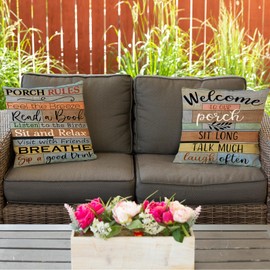 Jartinle Porch Rules Sign Outdoor Pillow Covers Waterproof Welcome to Our Porch Patio Pillow Covers for Couch Bench Patio Furniture Set of 2 (Brown, 16x16)