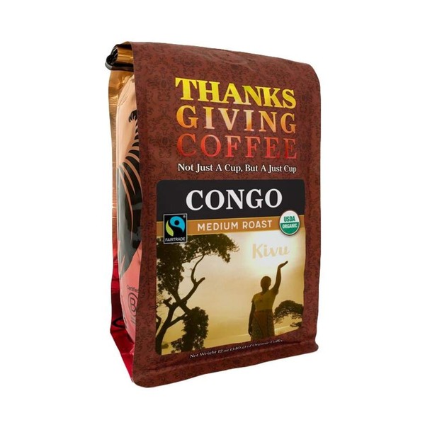 Thanksgiving Coffee "Congo Kivu Medium Roast" Medium Roasted Fair Trade Organic Whole Bean Coffee - 12 Ounce Bag
