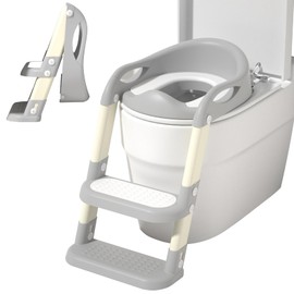 Potty Training Seat with Ladder & Foldable Splash Proof Design for Toddlers Non Slip Stool Included for Safe and Convenient Toilet Training (Light Gray)