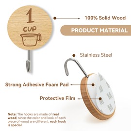 Verigud Measuring Cup and Spoon Organizer, 12 Pack Adhesive Wood Hooks for Hanging, Kitchen Hooks for Space Saving Storage