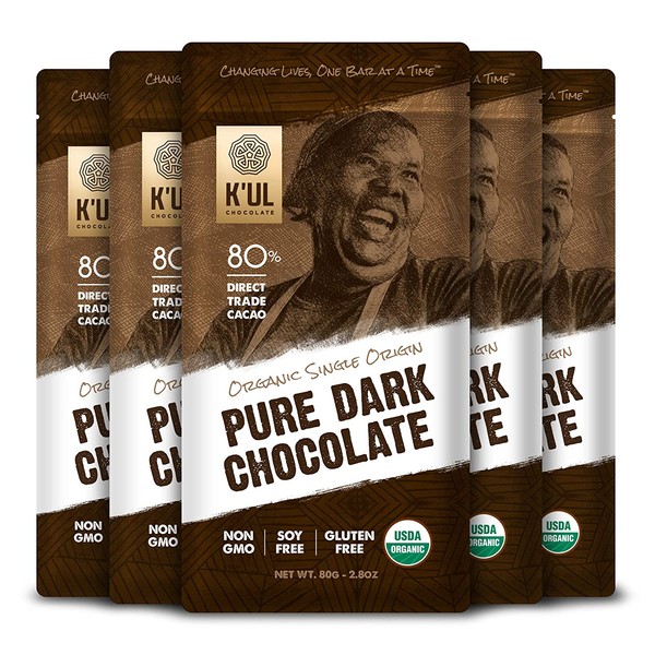 K'UL CHOCOLATE Bars | 5 Pack Chocolate | 80% Cacao Single-Origin Pure Dark Chocolate | Organic, Soy-Free, Vegan, Gluten-Free, Non-Gmo, Direct Trade Dark Chocolate | 2.8oz Each