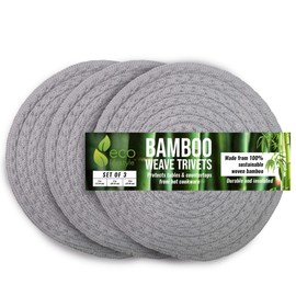 8 Inch Woven Bamboo Trivets – Eco Lifestyle – Set of 3 Round Placemats for Hot Pots and Pans Made from Sustainable Bamboo Fibers – Woven Trivets for Hot Dishes - Light Gray