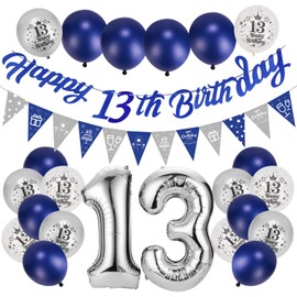 Afirbeone 13th Birthday Decorations for Boys Girls Navy Blue and Silver, Happy 13th Birthday Banner, Triangle Flag Banner, Confetti Latex Balloons and Aluminum Foil Balloons, for Birthday Party