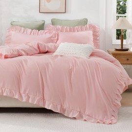 Andency Pink Ruffle Duvet Cover Full(79x90Inch), 3 Pieces Farmhouse Shabby Chic Ruffled Duvet Cover, Soft Microfiber Duvet Cover Set with Zipper Closure, Corner Ties