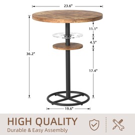 VECELO Round Bar Table with 2-Tier Storage, 36 Inch High Top, Metal Frame & Base for Bistro, Pub, Living Room, Easy Assembly, Rustic Brown