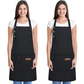 WENYA 2 Pack Kitchen Apron for Women, Unisex Adjustable Cooking Apron with Pockets, Canvas Waterproof Apron for Home Kitchen, Restaurant, Coffee House (Black)