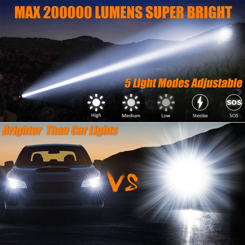 Rechargeable Flashlights MAX 200000 High Lumens,Super Bright 30W LED Flashlight,High
