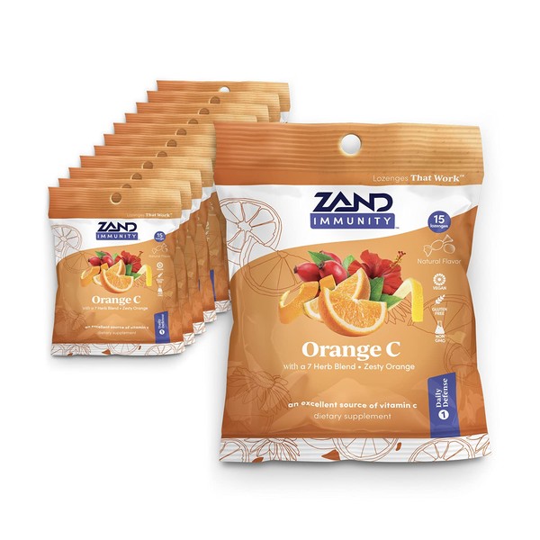 ZAND Immunity Orange C HerbaLozenge | Vitamin C Throat Drops w/Soothing Herb Extracts | Non-GMO (12 Bags, 15 Lozenges)