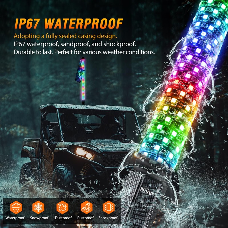 Nilight LED Fat Whip Light 1PC 3FT RGB Lighted Antenna