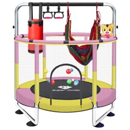 Trampoline for Kids, 5FT Adjustable for Toddler, Indoor/Outdoor Baby Trampoline with Enclosure Net, No-Gap Safe Design, Gifts for Boys & Girls (Yellow Pink)