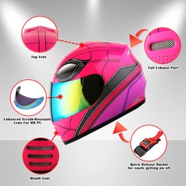 1Storm Youth Kids Motorcycle Full Face Helmet Street Bike BMX MX Spider Pink + MG Youth Glove Bundle