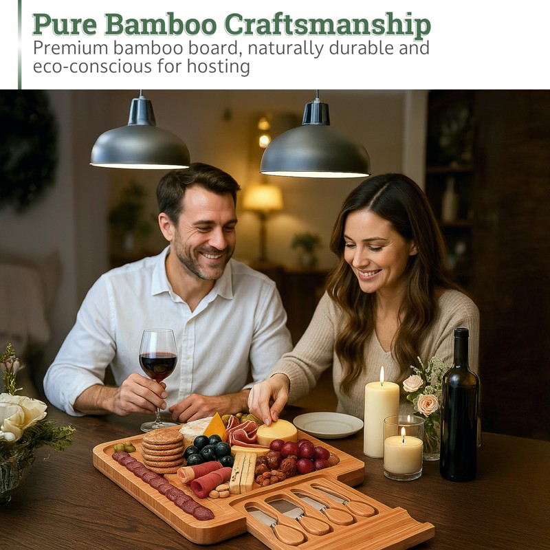Dynamic Gear Bamboo Charcuterie Cheese Board Set with Knives -