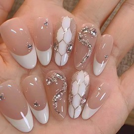 24Pcs French Tip Press on Nails Medium Almond with 3D Crystal Rhinestones Design, White French Nails Press ons Cute Stick on Nails Little Snake Fashion Acrylic Nails DIY False Nails Set for Women