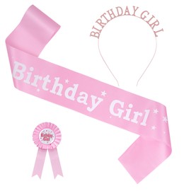 3 PCS Birthday Girl Decorations Set Including Sash, Badge Ribbon, Headband Hair Accessories for Kids Girls Party Supplies Pink