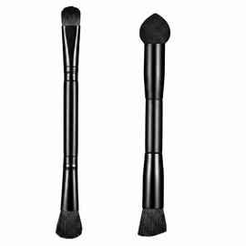 2 Pcs Black Dual Ended Hairline Brushes with Sponge Tip & Soft Bristles,Travel Makeup Powder Brush for Concealer, Contour, Blending, Eyeshadow, Blush