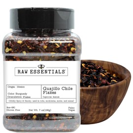 Raw Essentials Guajillo Chile Flakes – Smoky & Mildly Spicy Mexican Pepper for Authentic Flavor – Use in Rubs, Enchiladas, Moles, Salsas & Stews – Non-GMO, Gluten-Free, Paleo, Vegan – 7 Ounce Bottle
