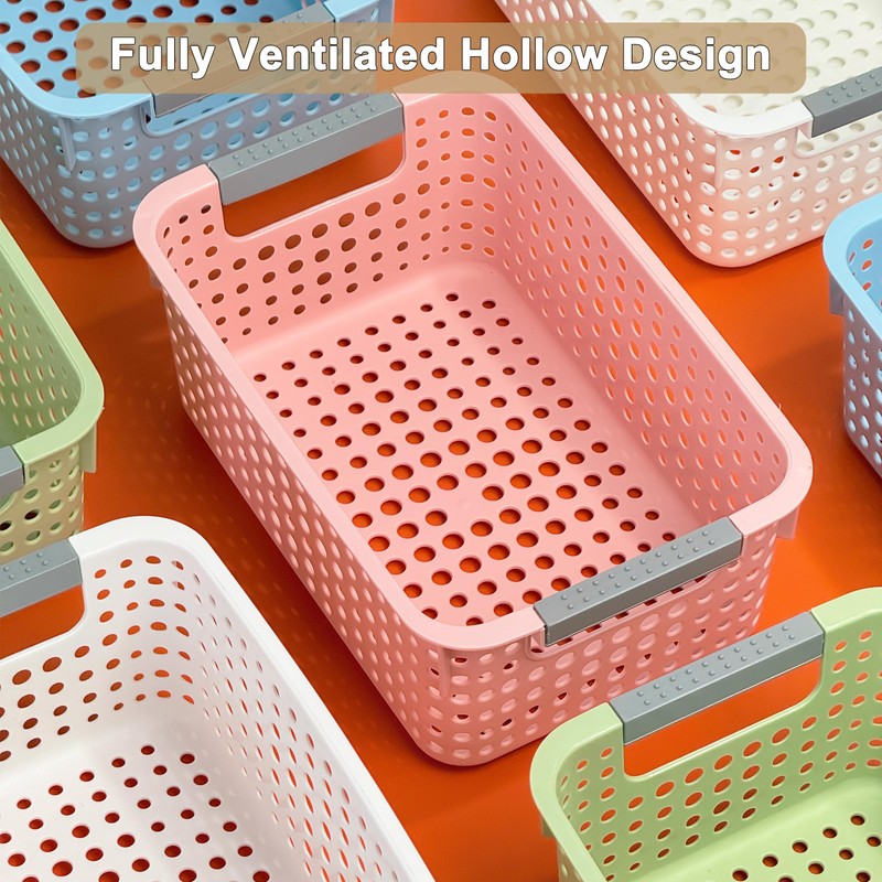 4-Pack Hollow Plastic Storage Baskets with Handles (Pink, Small)