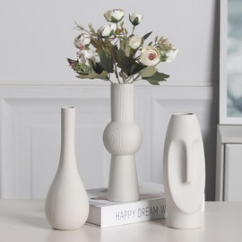 3-Piece Nordic Handmade White Ceramic Vase Set - Matte Finish Decor for Living Room, Coffee Table & Shelf - Unique Face, Waterdrop，Geometric Shapes - Modern Minimalist Home Decor
