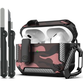 RFUNGUANGO for AirPods Pro 2nd Gen Case with Cleaning Kit, Military Hard Case Protective Armor with Lock, for AirPod Gen 2 Charging Case (2023/2022/2019, 2nd Gen/1st Gen),Red Camouflage