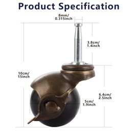 ZOFUN 8 Psc Caster Wheels with Brakes, 10 x 5 cm Ball Castors Wheels, 360° Swivel Antique Brass Castors Heavy Duty, Slilent Casters for Furniture, Sofa, Chair, Cabinet