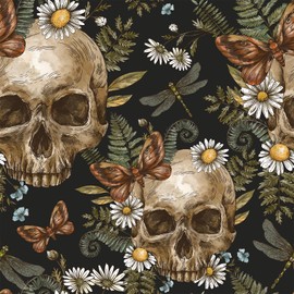 VEELIKE Dark Gothic Wallpaper Skulls Ferns Peel and Stick Wallpaper Floral Wallpaper for Bedroom Bathroom Living Room 17.7'x118' Removable Adhesive Skulls Art Decor Mural for Walls Cabinets Home | VEELIKE