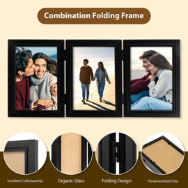 Triple Photo Frame 6x4 Photo Frames 180° Foldable Hinged Picture Frame Stand Vertically on Desktop Photo Frame with Glass Front Black Photo Frame for Desktop Birthday Gifts(Triple,black)