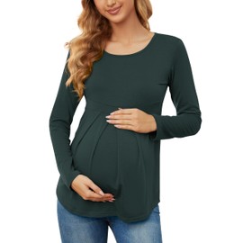 Oudrtent Women Maternity Shirts Short/Long Sleeve Peplum Tunic Tops - Front Pleat Round Neck Pregnancy Clothes