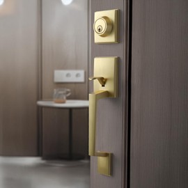 dairazan Satin-Brass Modern Front Door-Handle - Entry Door Lock with 3 Keys Single Cylinder Deadbolt,Exterior Door Knob Set Reversible for Left and Right Hand